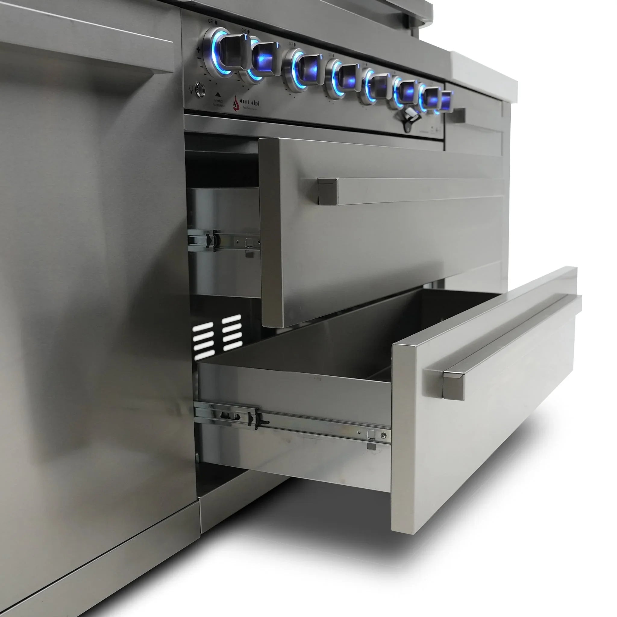 805 Original 8 ft. Stainless Steel 6-Burner Outdoor Kitchen Island with 90-Degree Corner Beverage Center and Fridge Cabinet