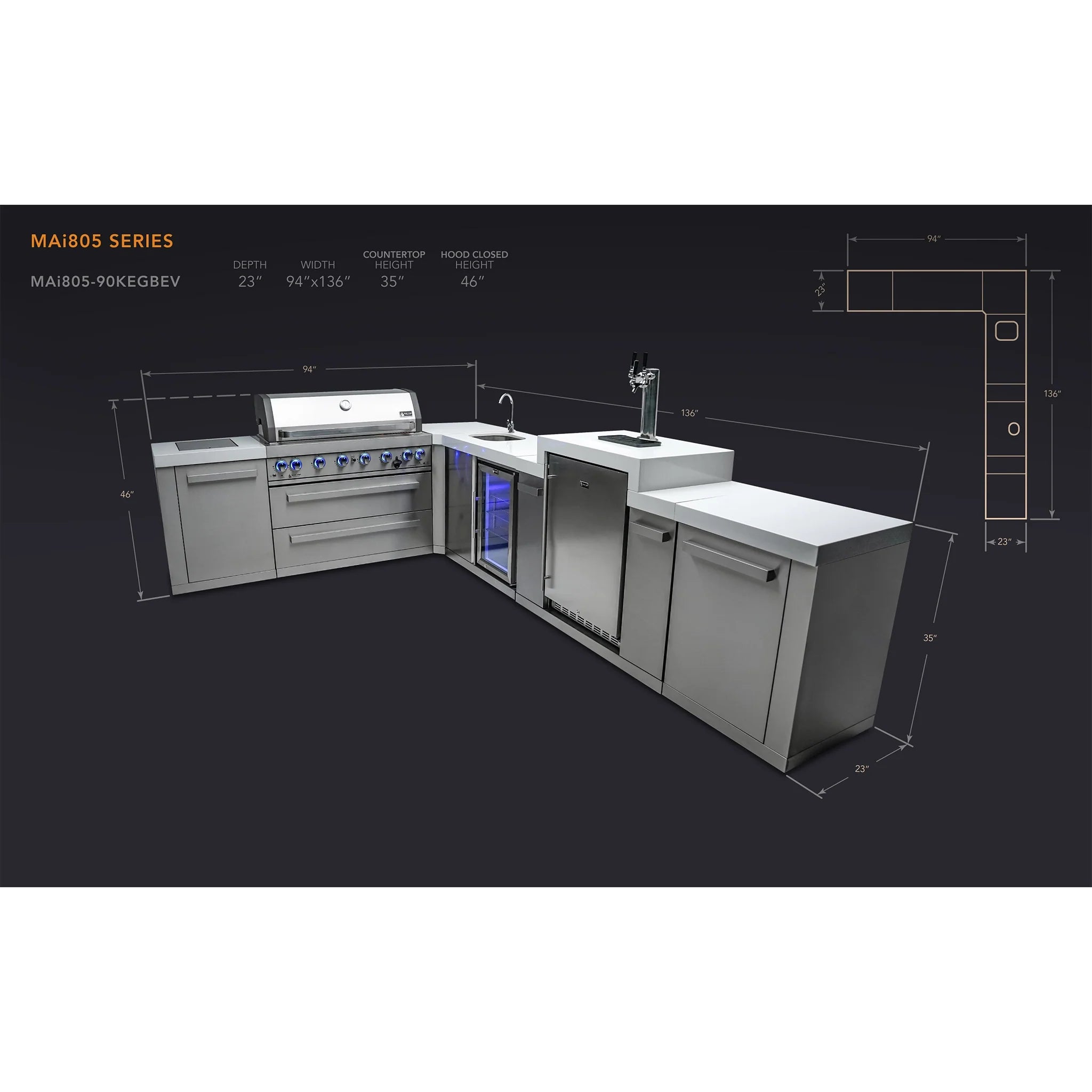 805 Original 8 ft. Stainless Steel 6-Burner Outdoor Kitchen Island with 90-Degree Corner