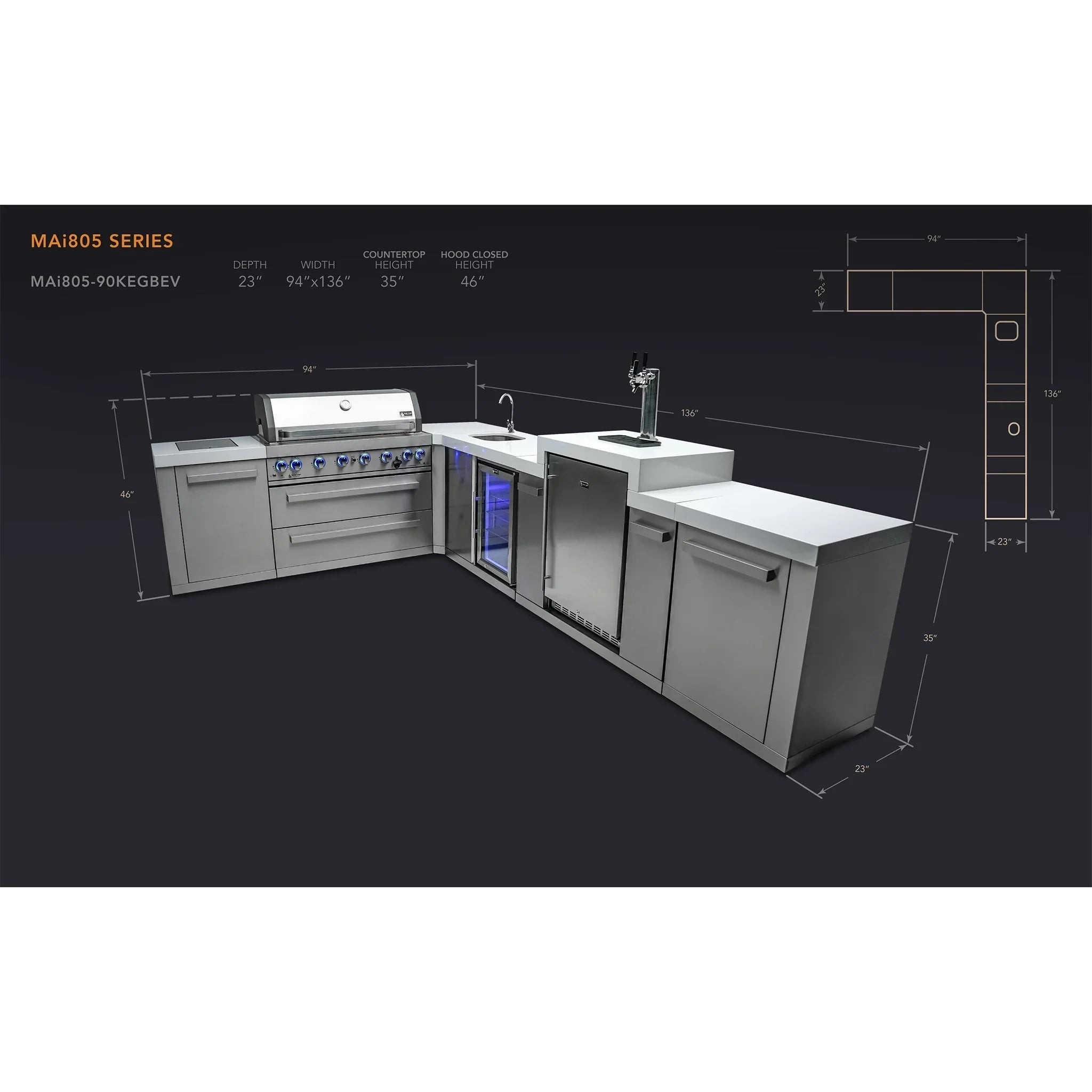 805 Original 8 ft. Stainless Steel 6-Burner Outdoor Kitchen Island with 90-Degree Corner