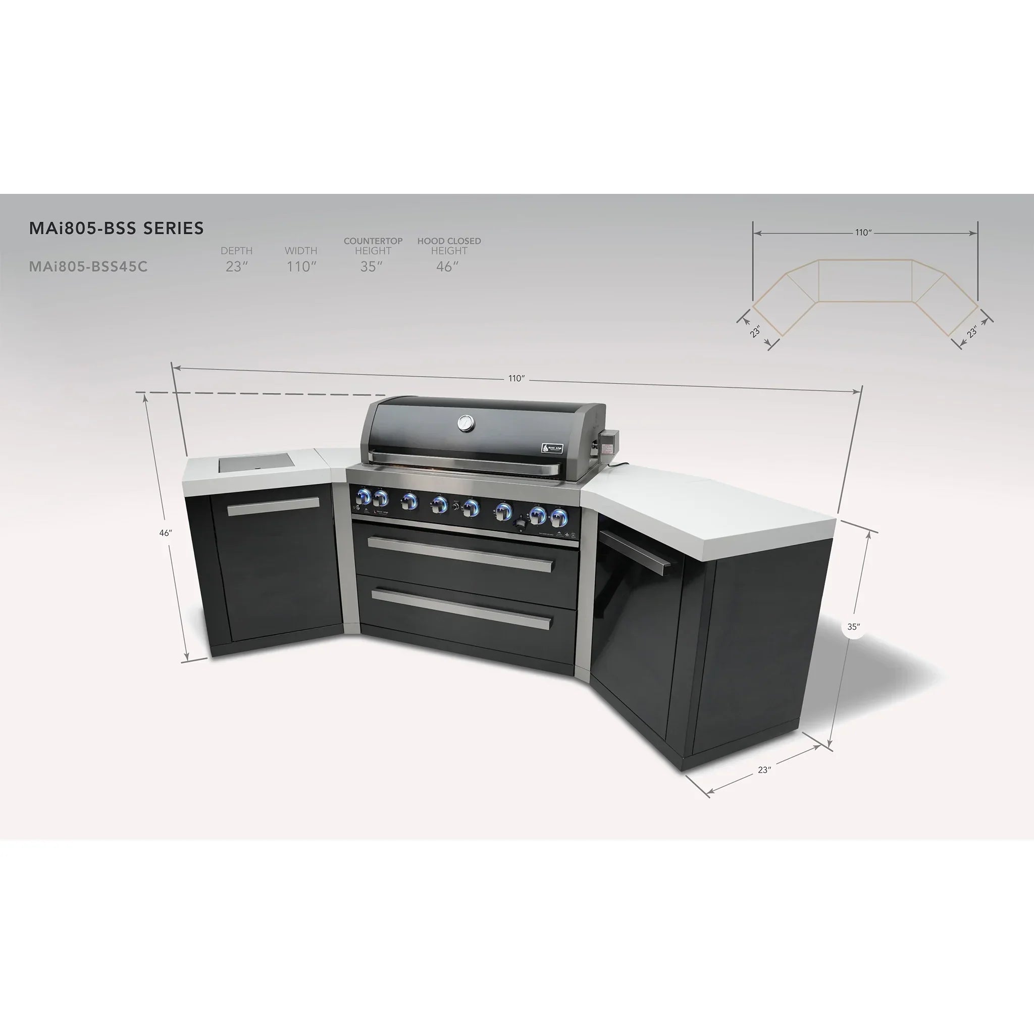 805 8 ft. Black Stainless Steel 6-Burner Outdoor Kitchen Island with 45-Degree Corners