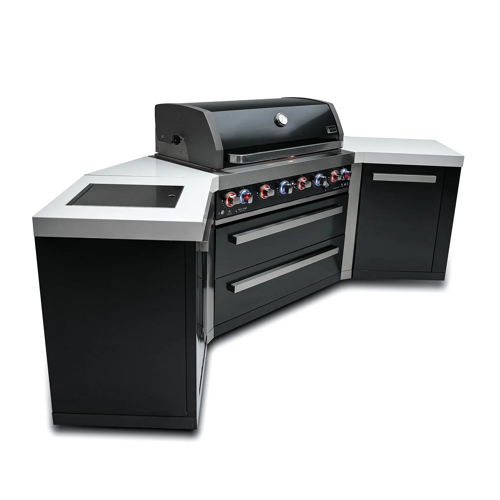 805 8 ft. Black Stainless Steel 6-Burner Outdoor Kitchen Island with 45-Degree Corners