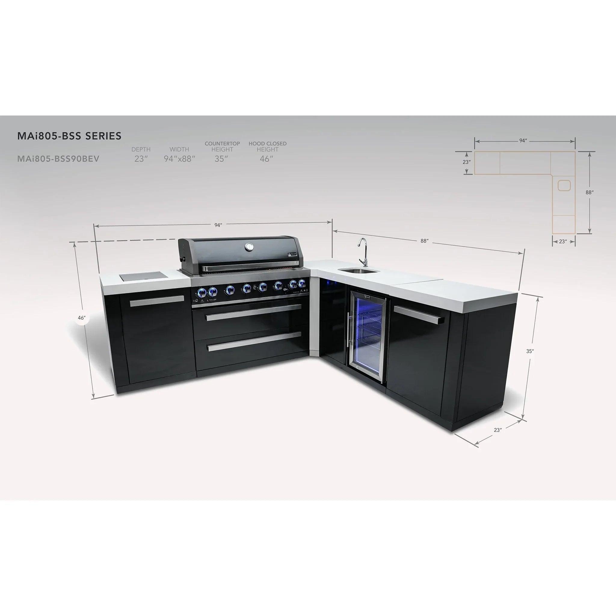 805 8 ft. Black Stainless Steel 6-Burner Outdoor Kitchen Island with 90-Degree Corner and Beverage Center