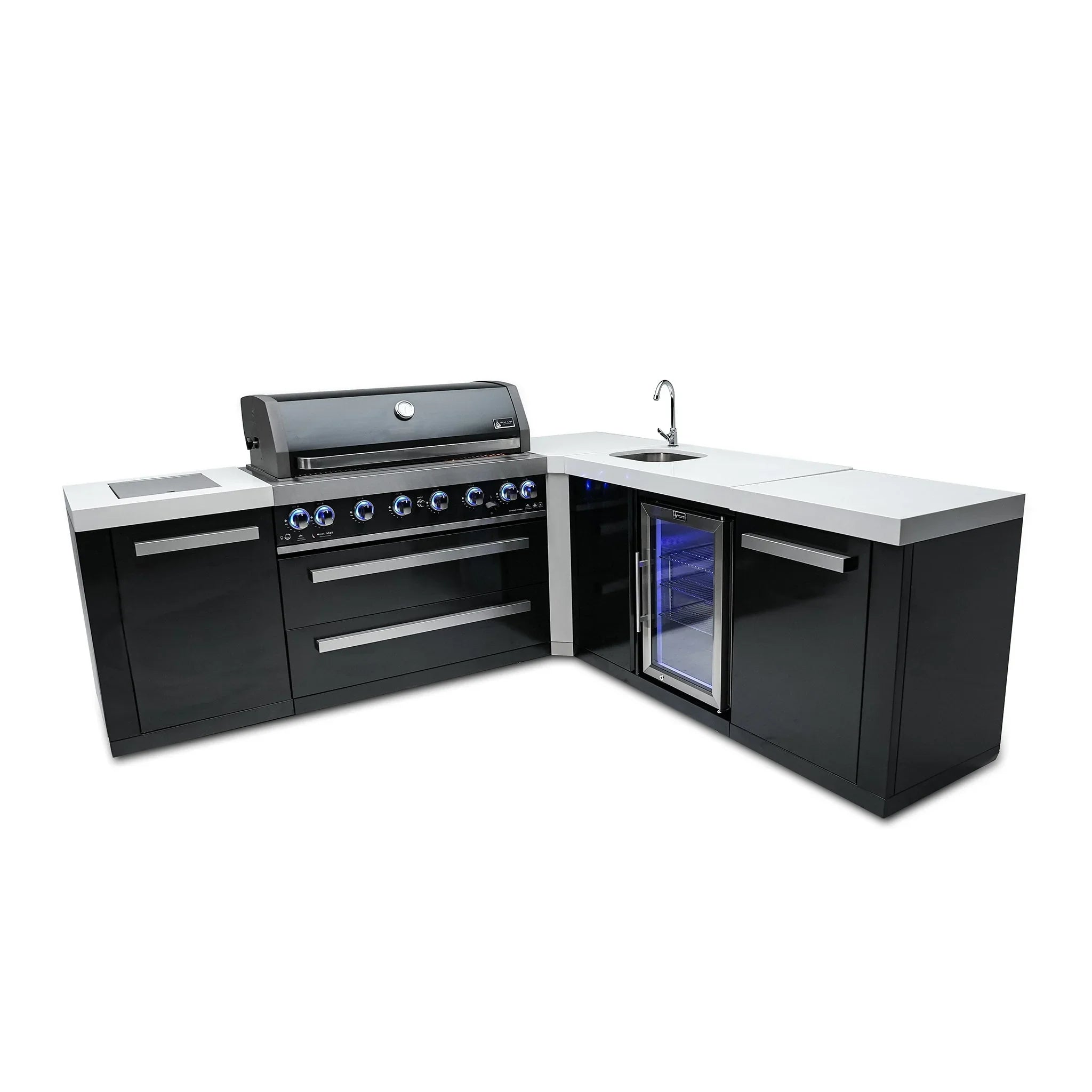805 8 ft. Black Stainless Steel 6-Burner Outdoor Kitchen Island with 90-Degree Corner and Beverage Center