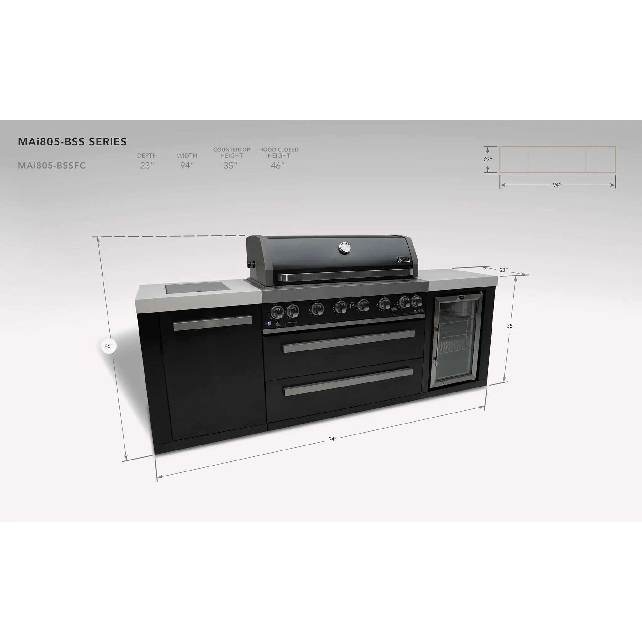 805 10 ft. Black Stainless Steel 6-Burner Outdoor Kitchen Island with 45-Degree Corners and Fridge Cabinet