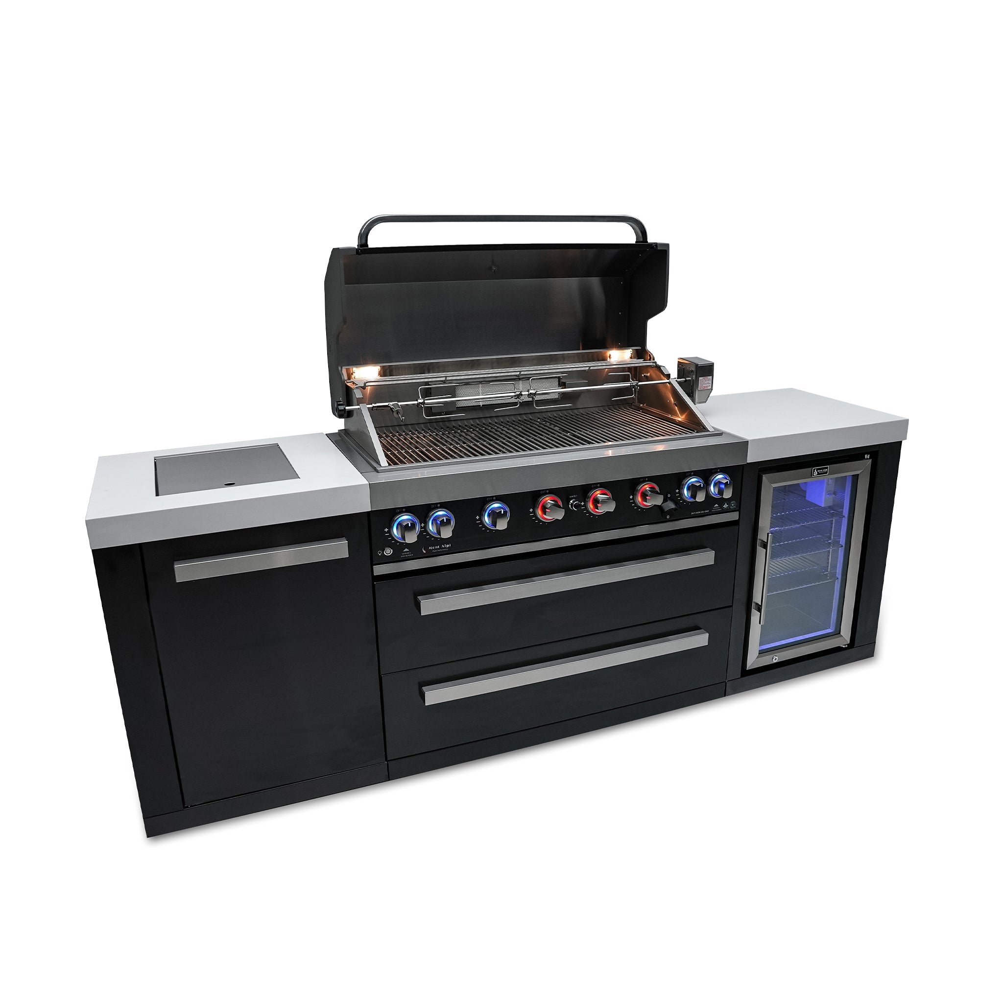 805 8 ft. Black Stainless Steel 6-Burner Outdoor Kitchen Island with Fridge Cabinet