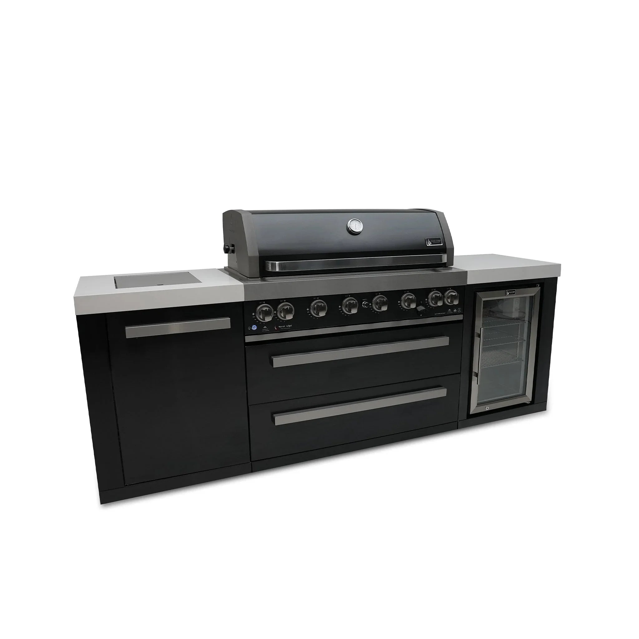 805 10 ft. Black Stainless Steel 6-Burner Outdoor Kitchen Island with 45-Degree Corners and Fridge Cabinet