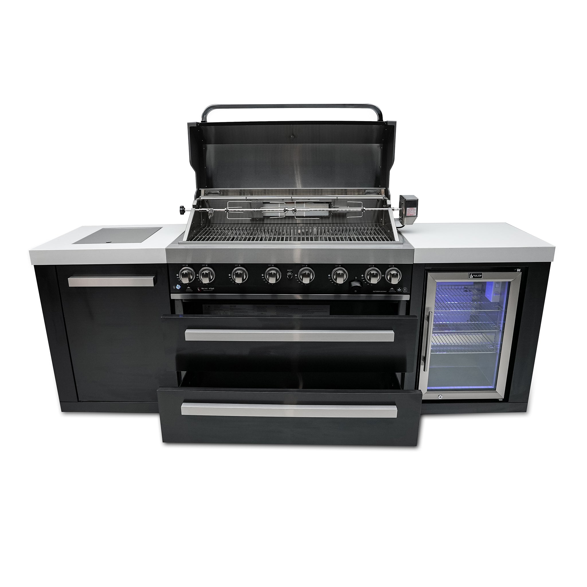 805 8 ft. Black Stainless Steel 6-Burner Outdoor Kitchen Island with Fridge Cabinet