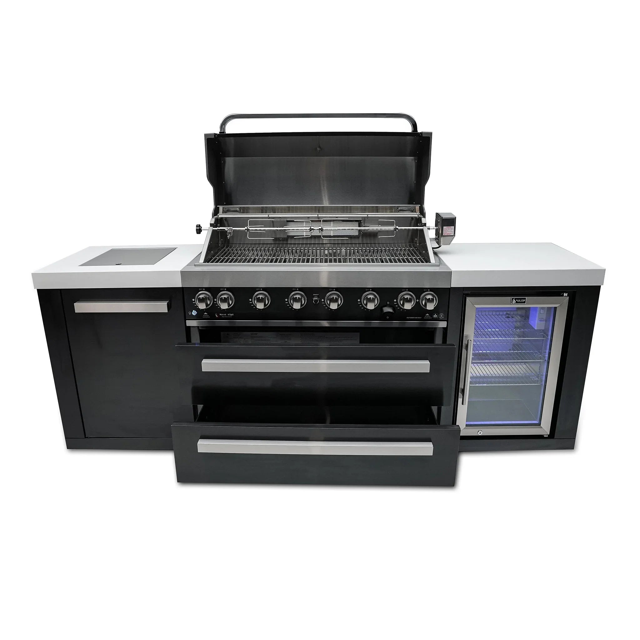 805 8 ft. Black Stainless Steel 6-Burner Outdoor Kitchen Island with Fridge Cabinet