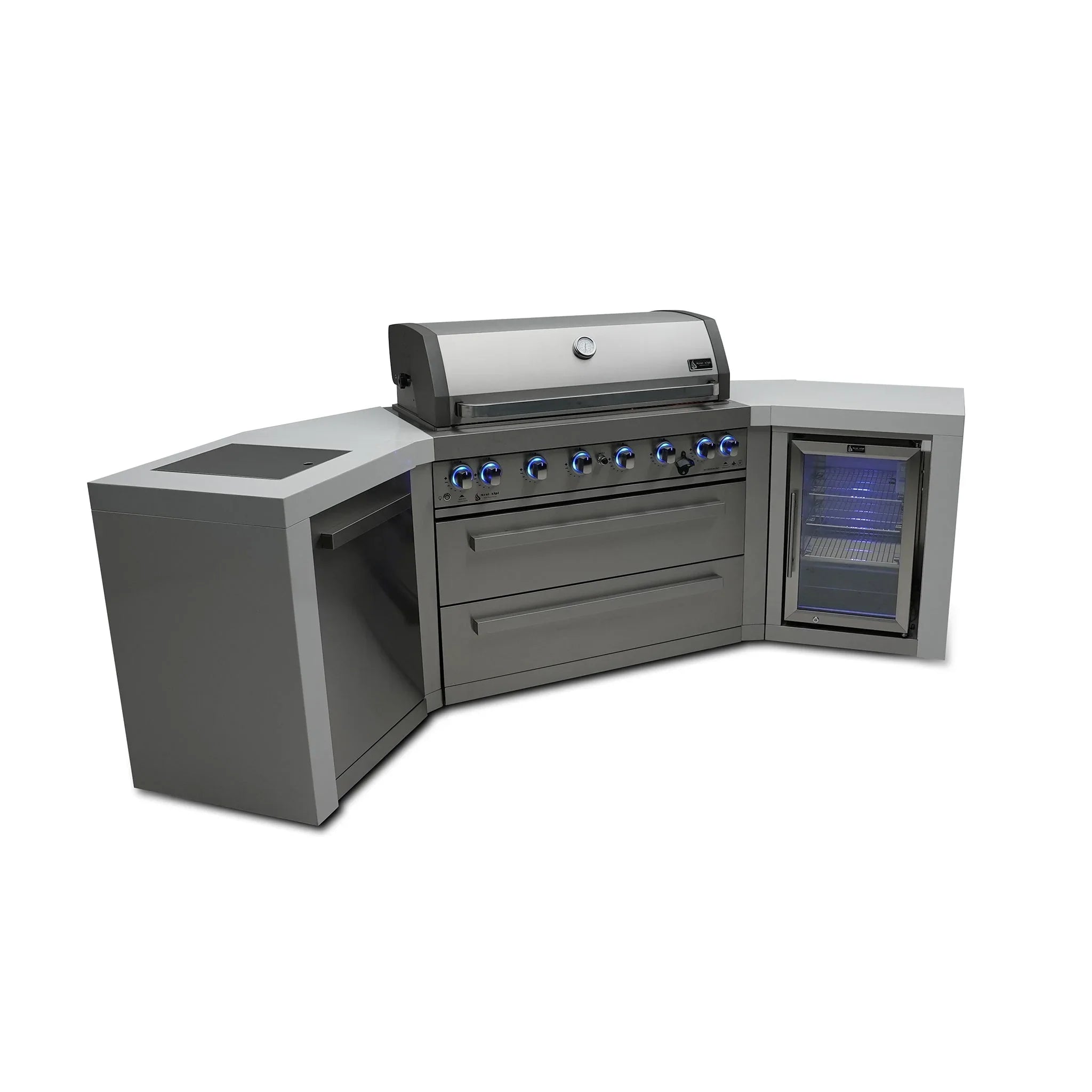 805 Deluxe 9.5 ft. Stainless Steel 6-Burner Outdoor Kitchen Island with 45 Degree Corners and Fridge Cabinet