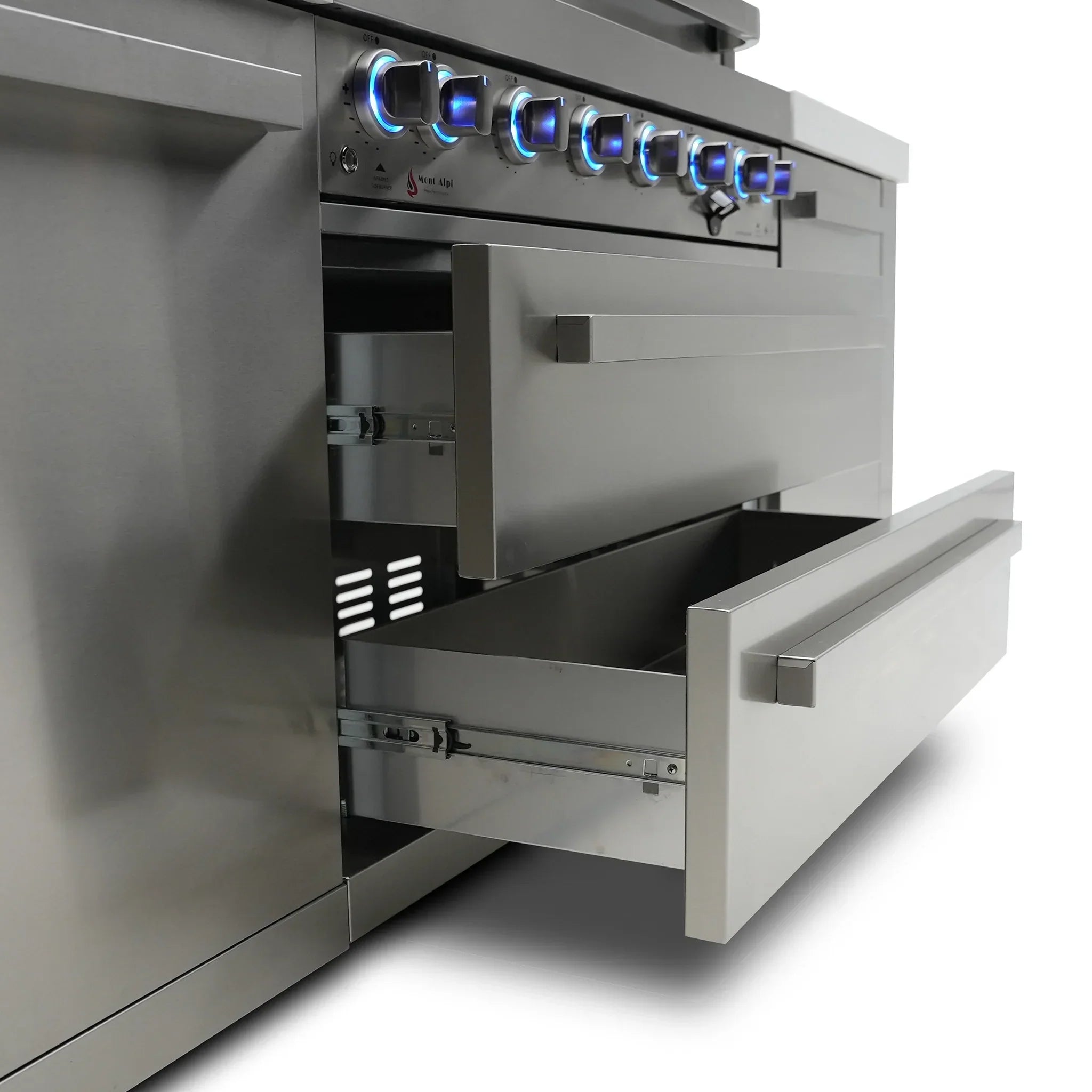 805 Deluxe 8 ft. Stainless Steel 6-Burner Outdoor Kitchen Island with 90-Degree Corner and Beverage Center
