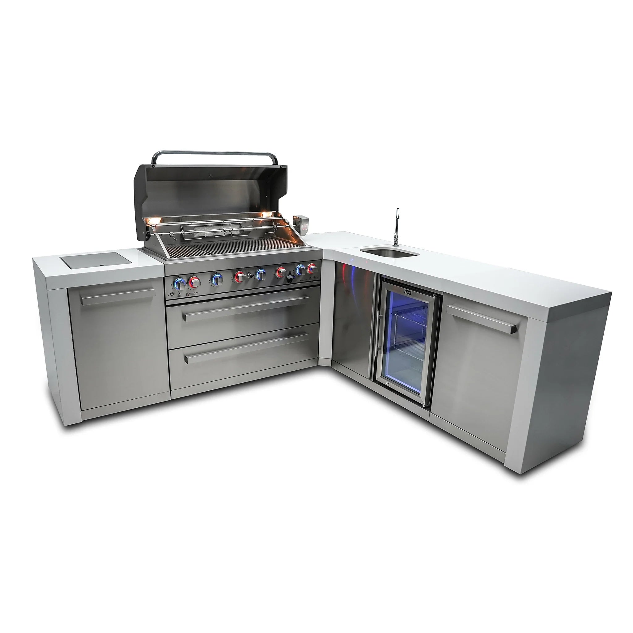 805 Deluxe 8 ft. Stainless Steel 6-Burner Outdoor Kitchen Island with 90-Degree Corner and Beverage Center