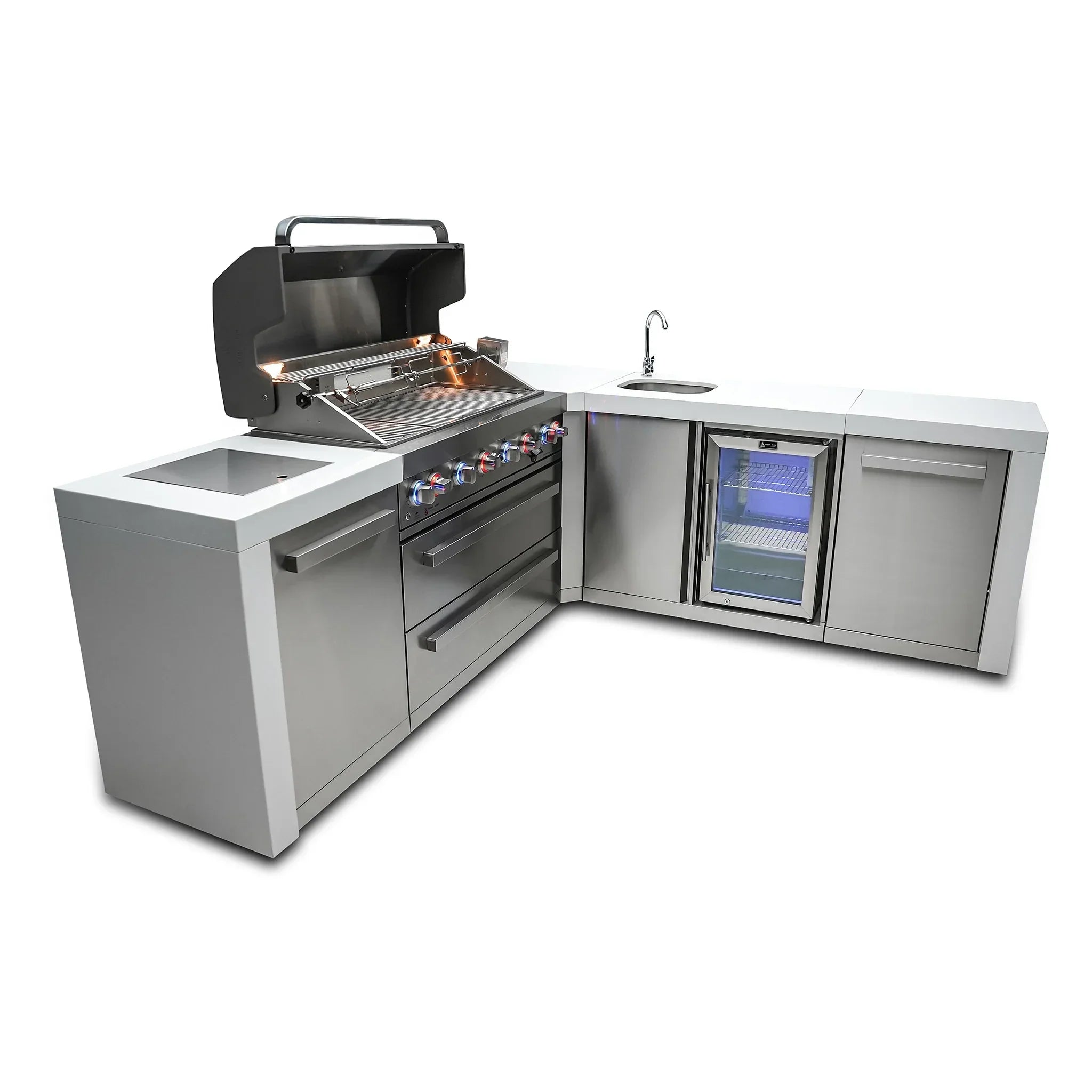 805 Deluxe 8 ft. Stainless Steel 6-Burner Outdoor Kitchen Island with 90-Degree Corner and Beverage Center
