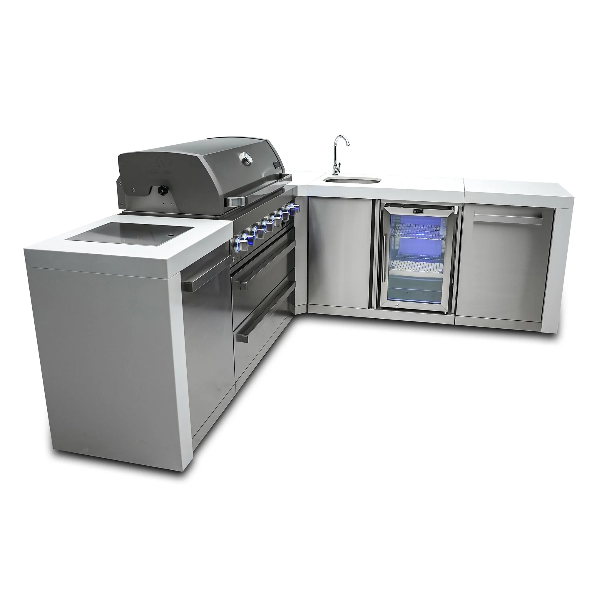 805 Deluxe 8 ft. Stainless Steel 6-Burner Outdoor Kitchen Island with 90-Degree Corner and Beverage Center