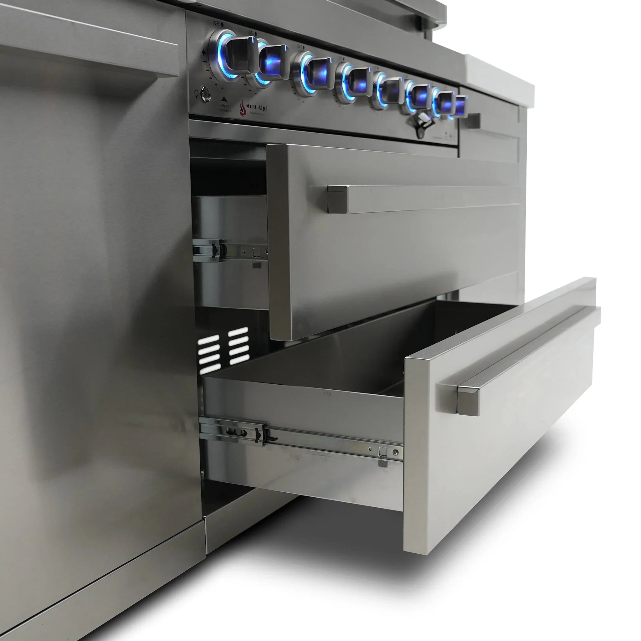 805 Deluxe 11 ft. Stainless Steel 6-Burner Outdoor Kitchen Island with Beverage Center and Fridge Cabinet
