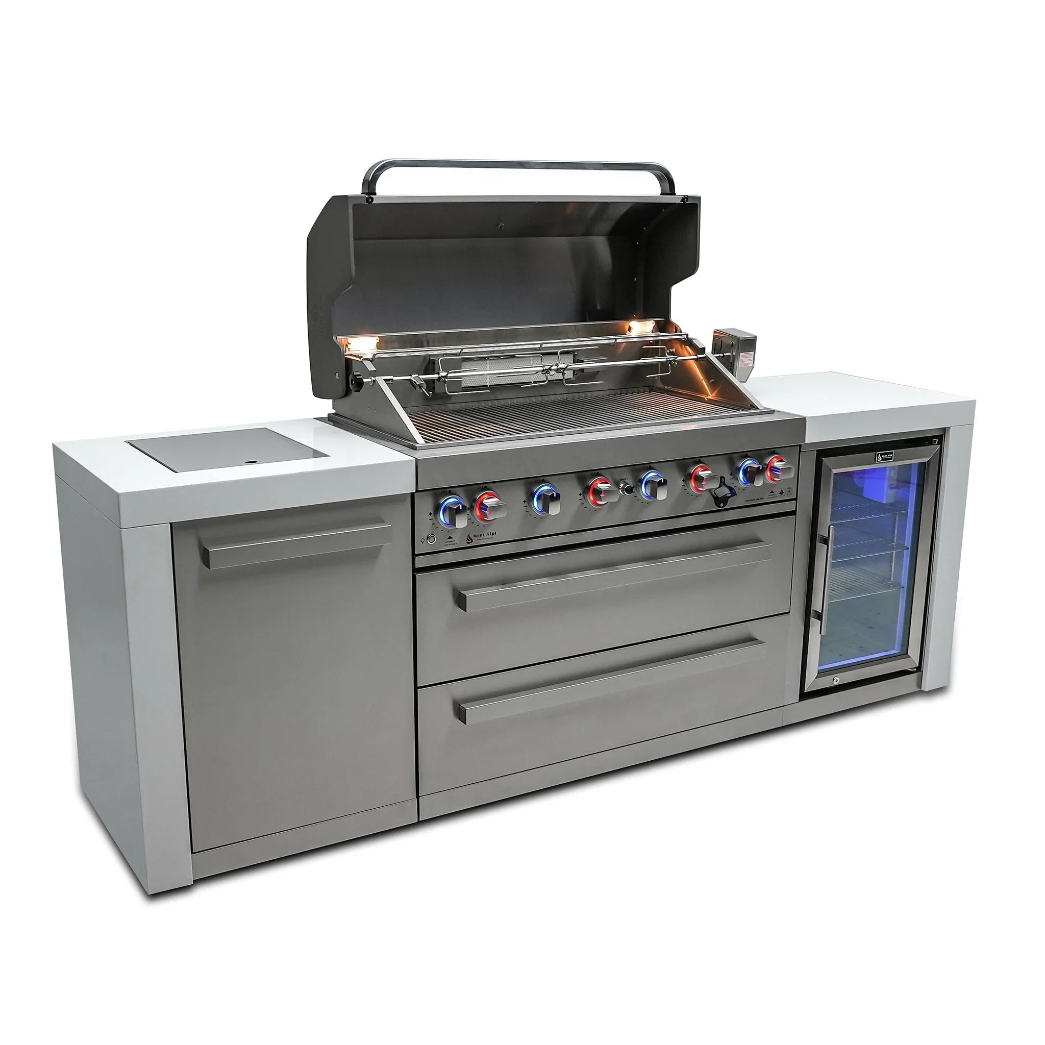 805 Deluxe 8 ft. Stainless Steel 6-Burner Outdoor Kitchen Island with Fridge Cabinet
