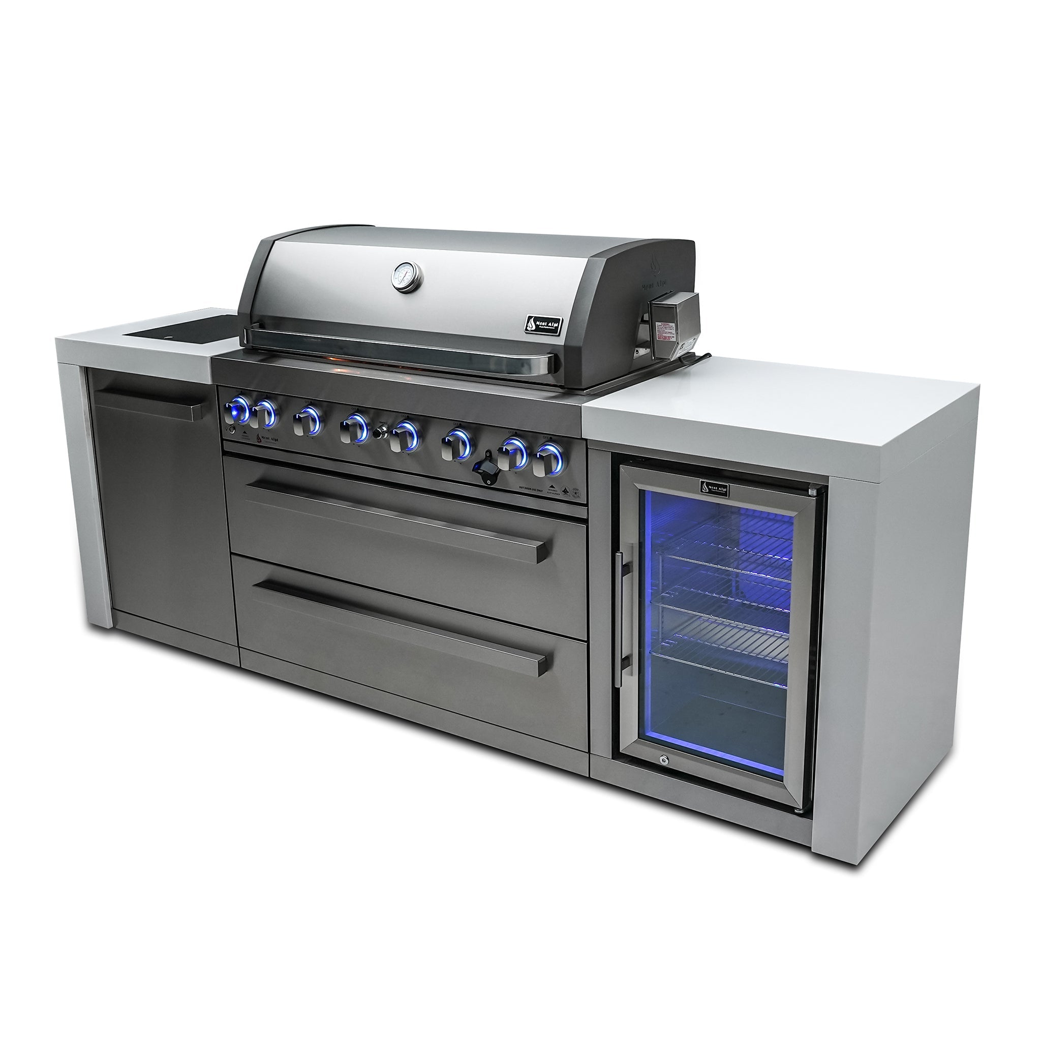 805 Deluxe 8 ft. Stainless Steel 6-Burner Outdoor Kitchen Island with Fridge Cabinet