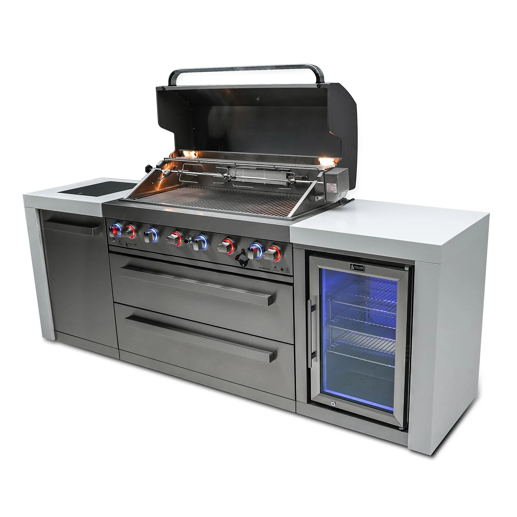 805 Deluxe 8 ft. Stainless Steel 6-Burner Outdoor Kitchen Island with Fridge Cabinet