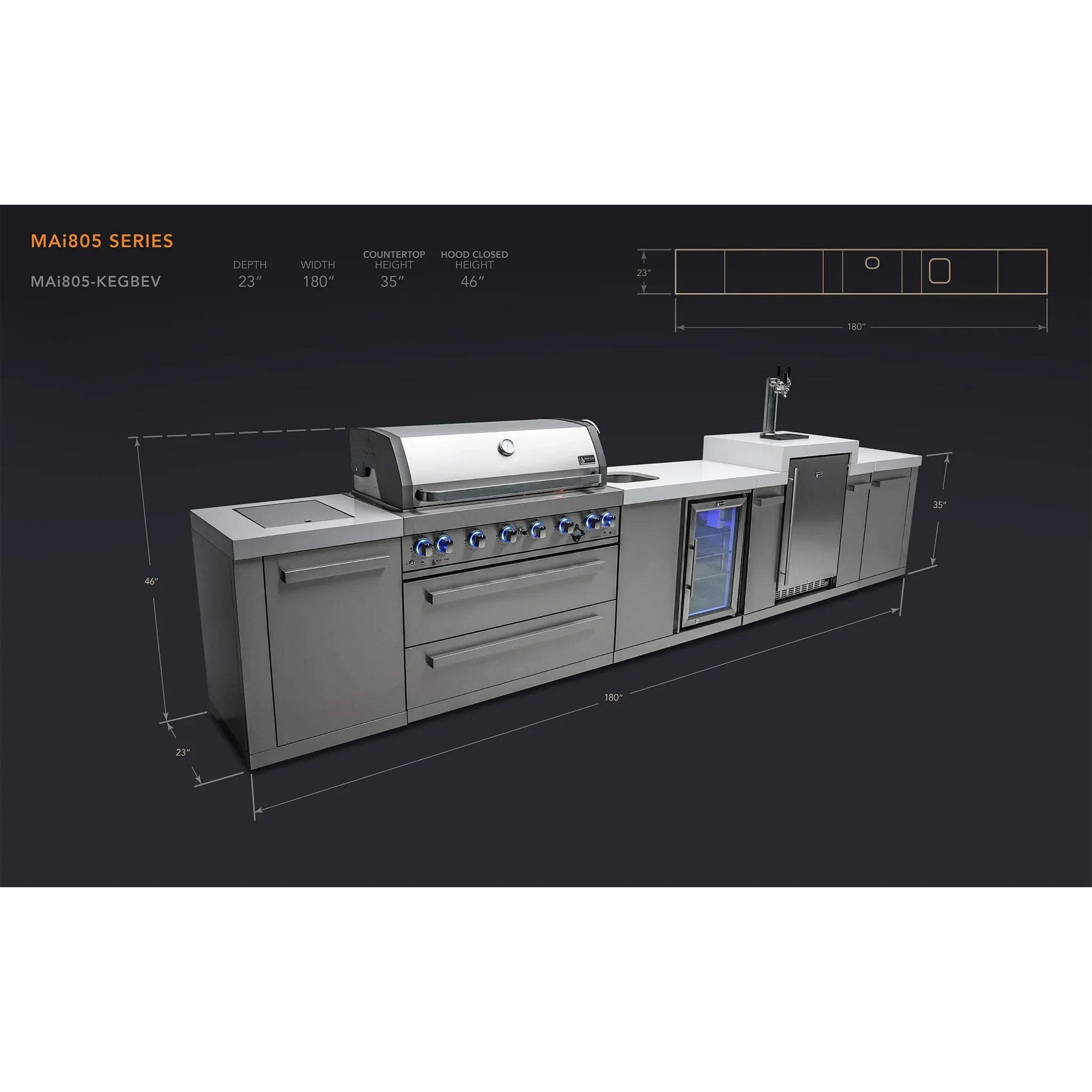 805 Original 15 ft. Stainless Steel 6-Burner Outdoor Kitchen Island with Beverage Center and Kegerator