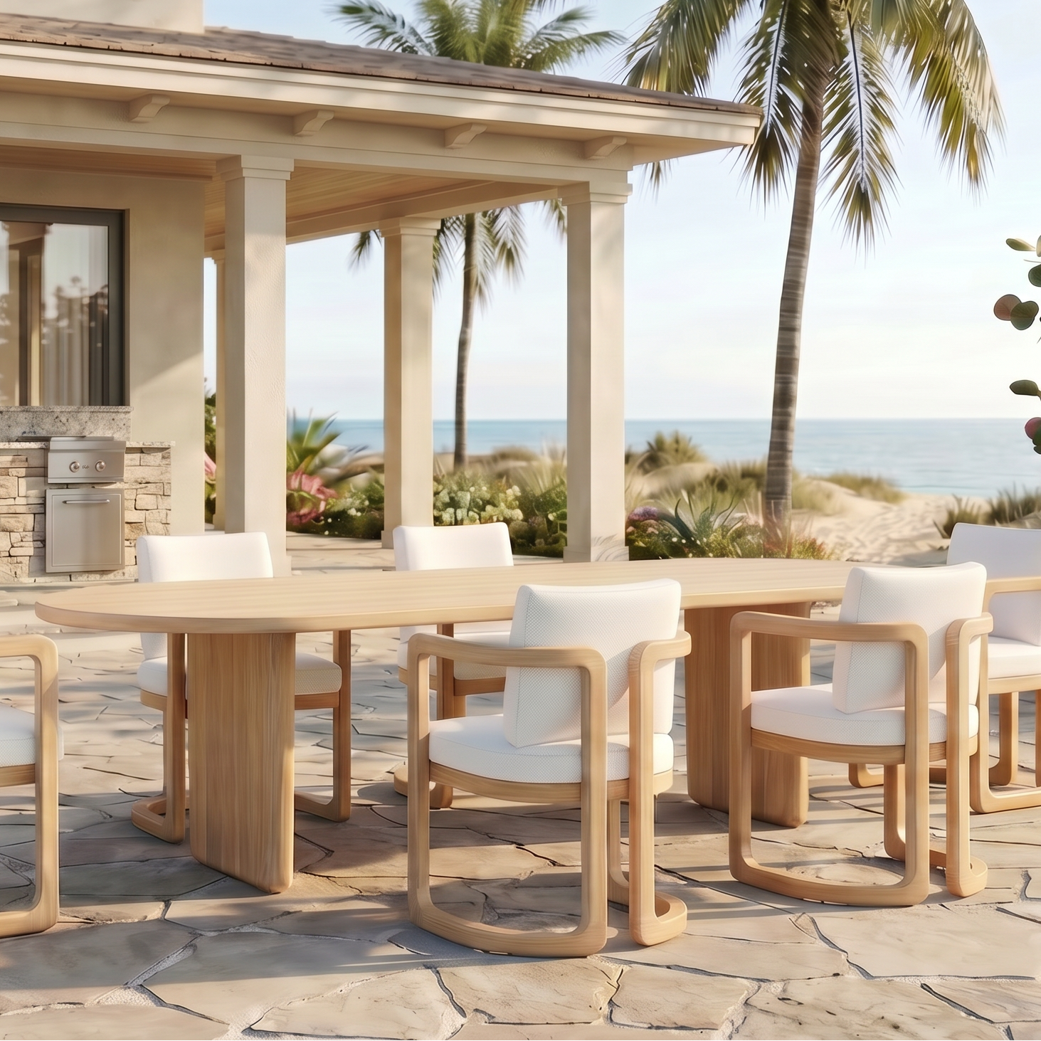 Outdoor patio set with table and chairs on a stone patio, palm trees in the background.