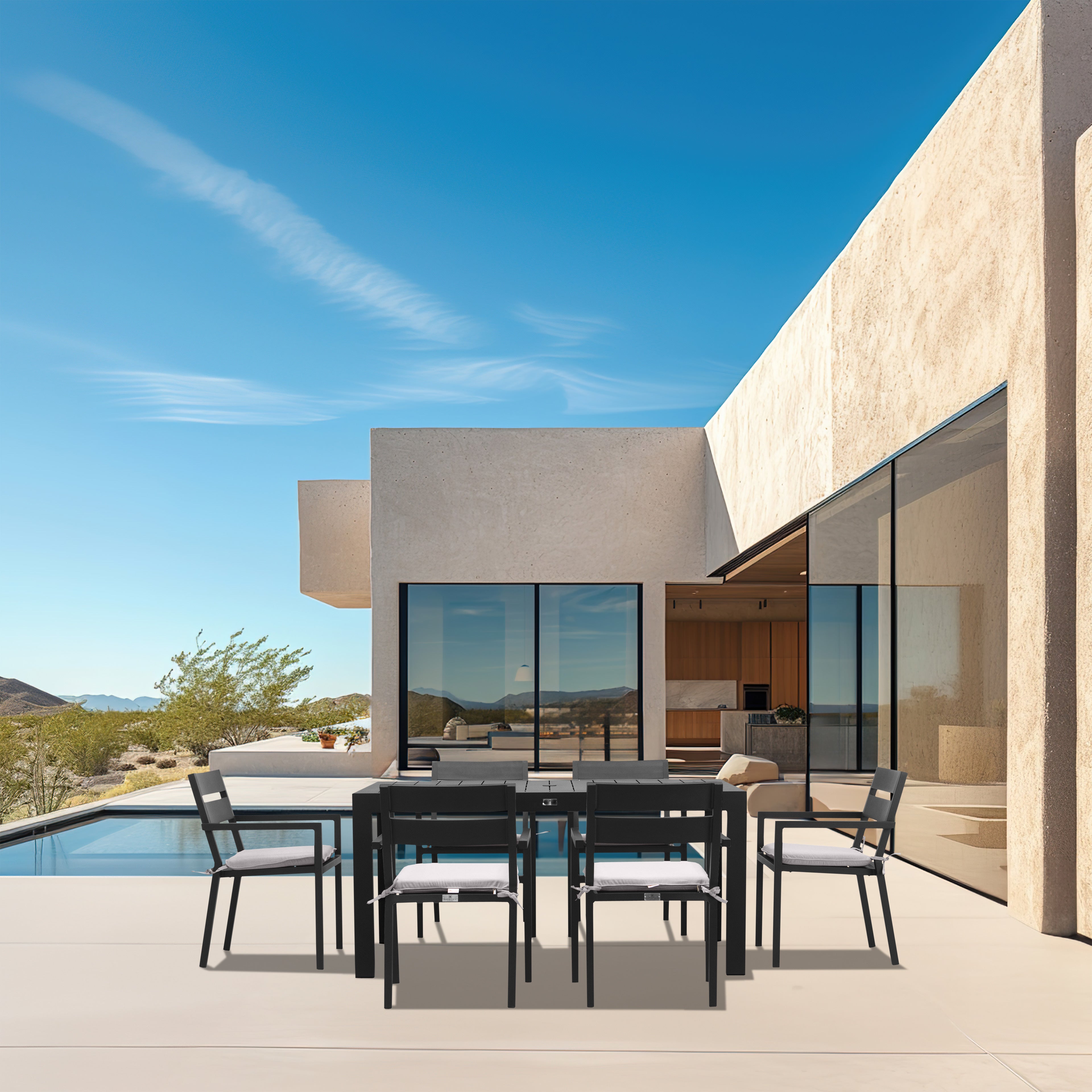 Pacifica Classic 6 Seat Rectangular Dining Set#Finish_Black#Fabric_Cast Silver