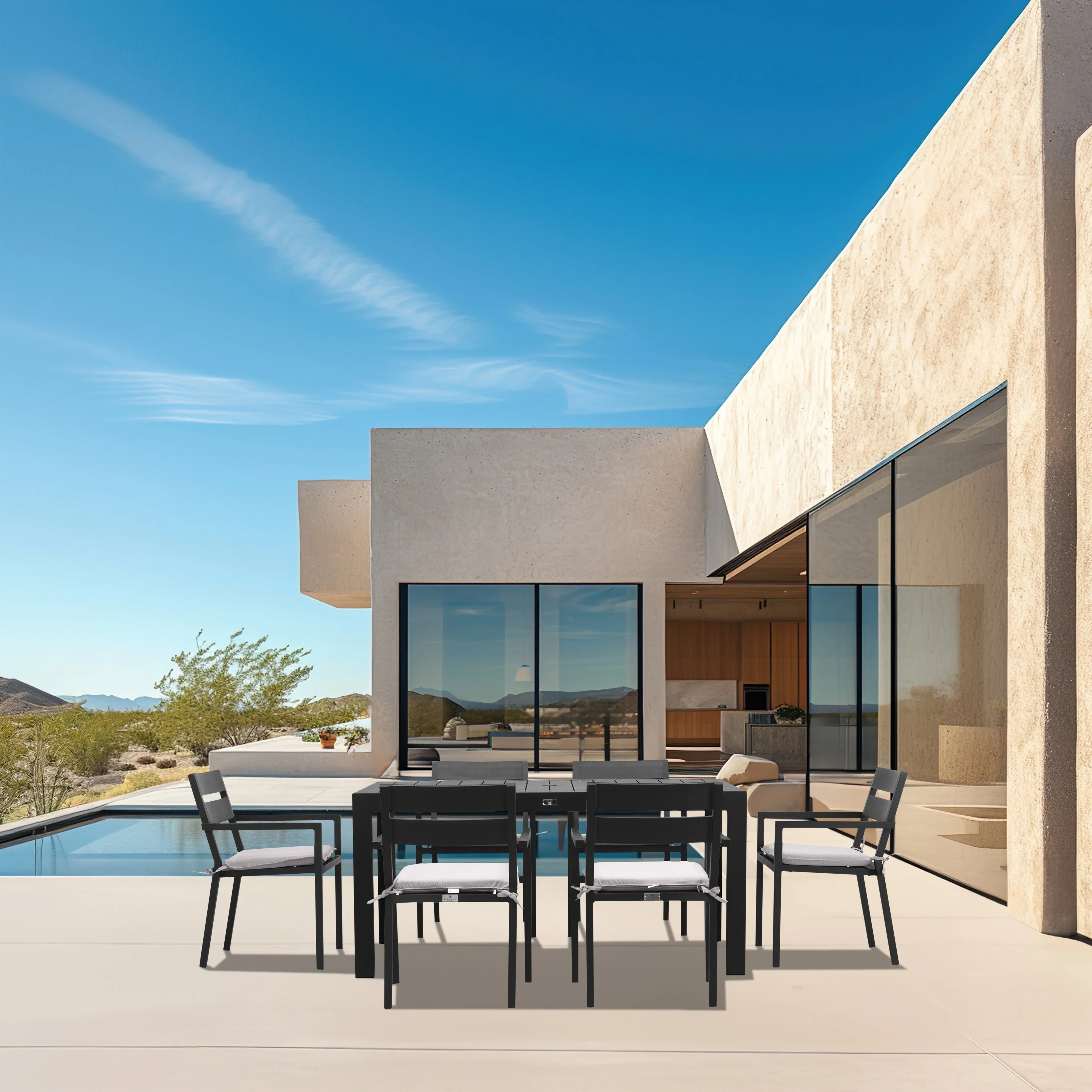 Pacifica Classic 6 Seat Rectangular Dining Set#Finish_Black#Fabric_Cast Silver