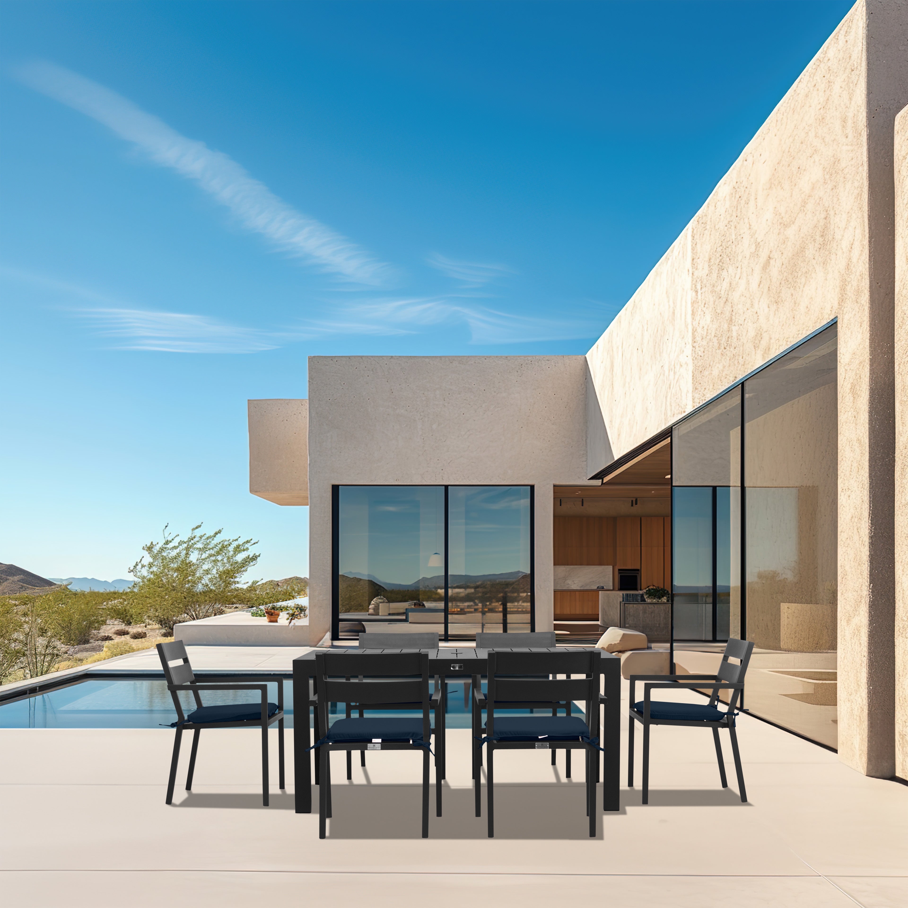 Pacifica Classic 6 Seat Rectangular Dining Set#Finish_Black#Fabric_Spectrum Indigo