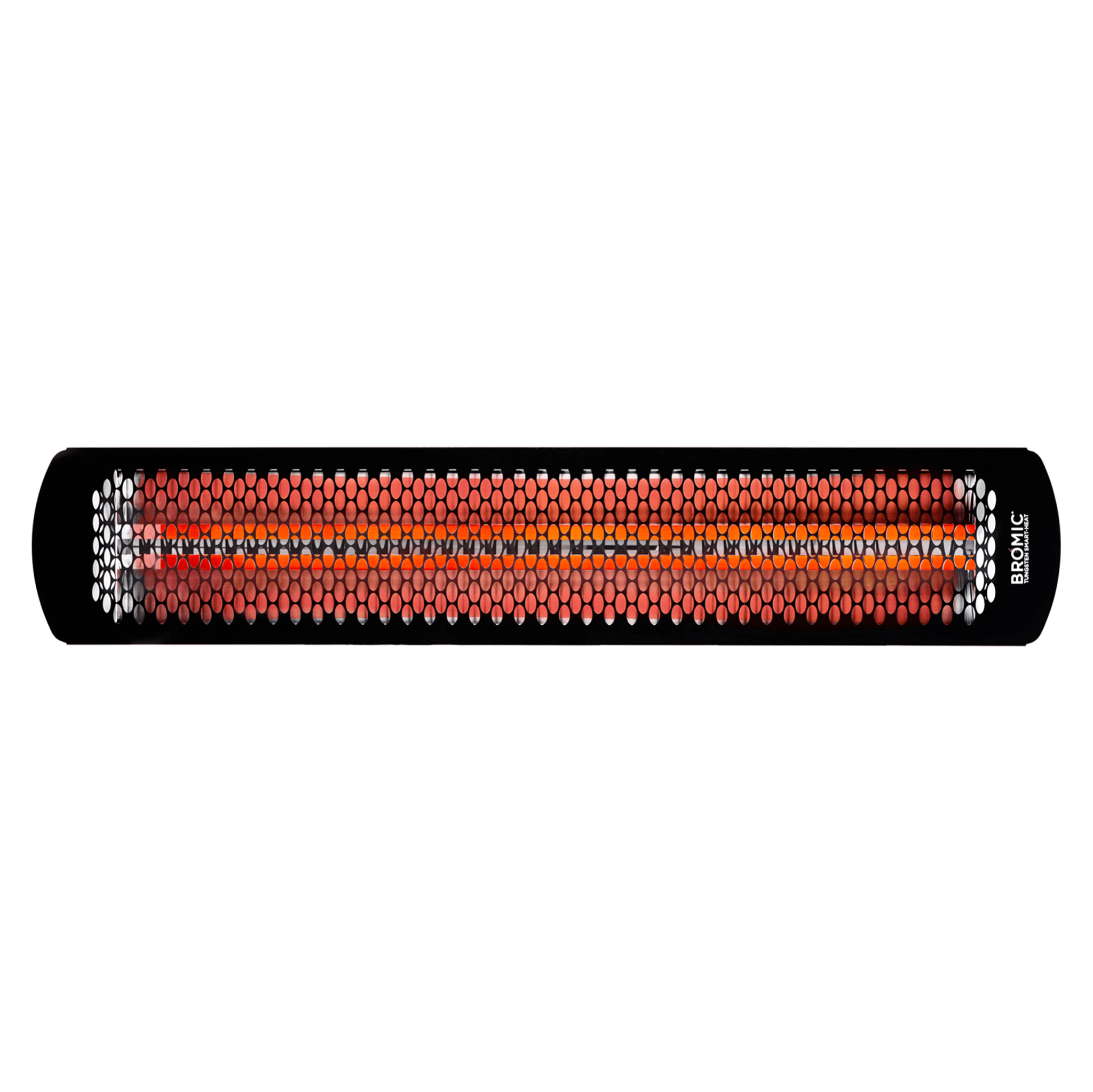 Full front-facing image of the Bromic Tungsten Electric Smart-Heat Heater in Black, displaying the heater’s long radiant element and elegant slimline design ideal for modern patios, restaurants, and outdoor entertainment spaces.