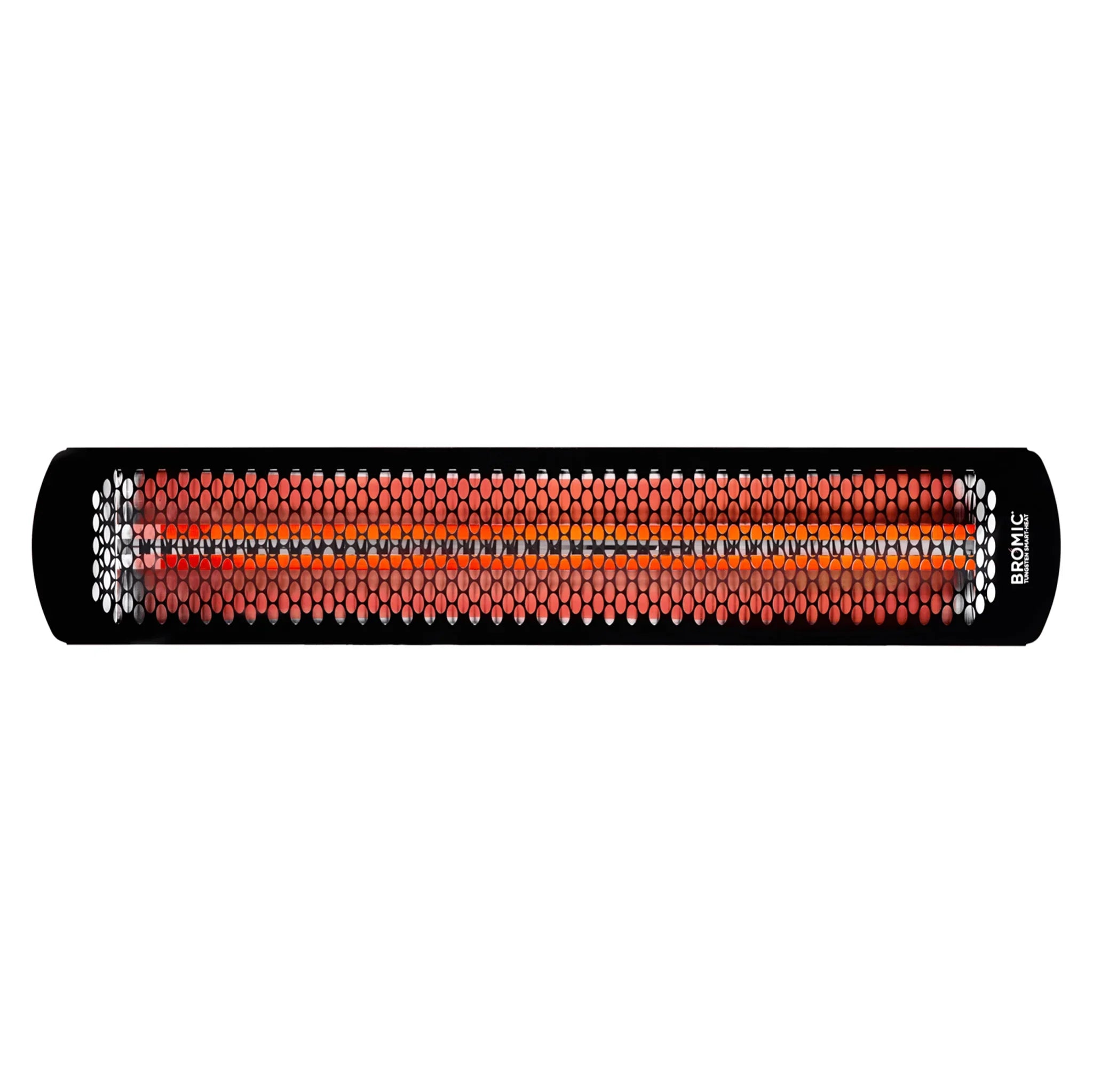 Full front-facing image of the Bromic Tungsten Electric Smart-Heat Heater in Black, displaying the heater’s long radiant element and elegant slimline design ideal for modern patios, restaurants, and outdoor entertainment spaces.