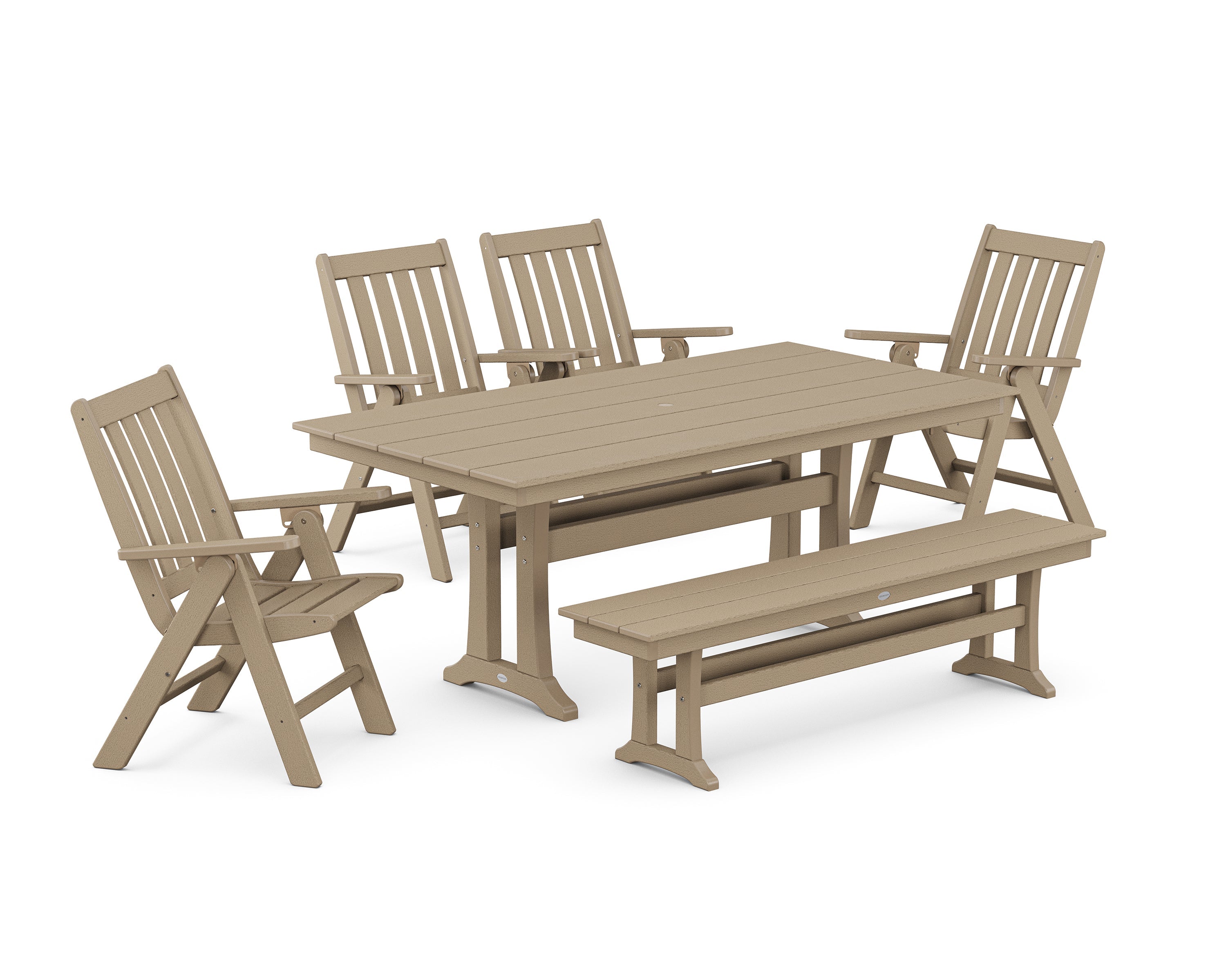 Vineyard 6-Piece Folding Chair Farmhouse Dining Set with Trestle Legs and Bench 7