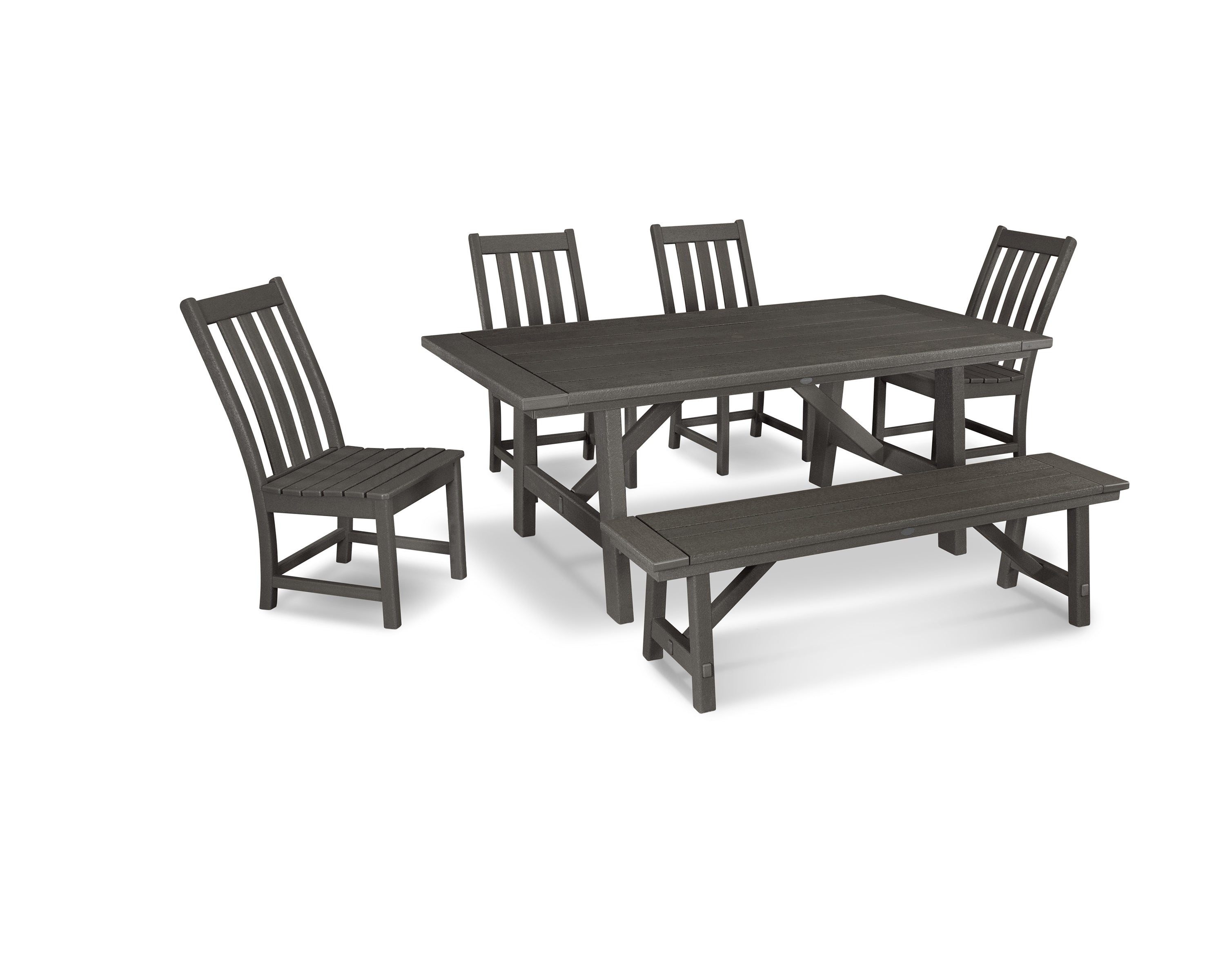 Vineyard 6-Piece Rustic Farmhouse Side Chair Dining Set with Bench 7
