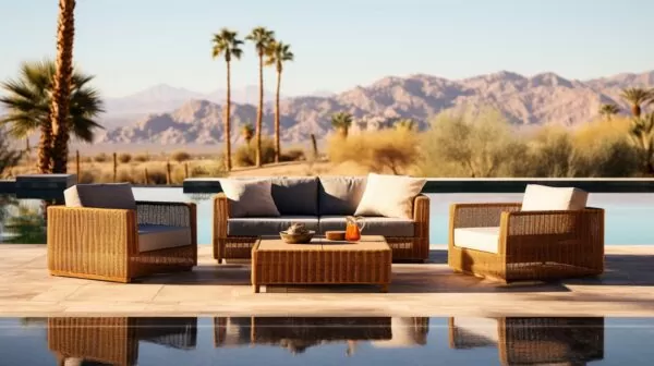 sofa set by the pool in the desert