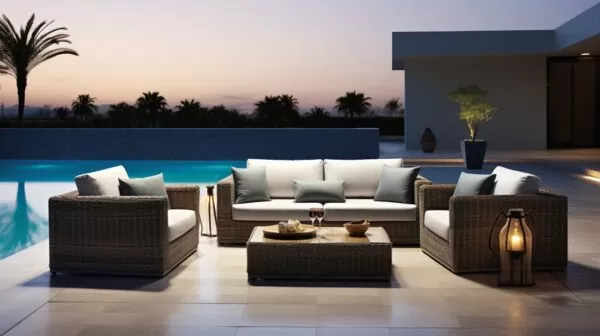 synthetic wicker set by the pool at night