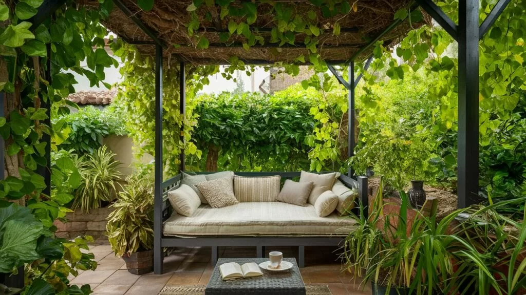 A photo of a cozy outdoor daybed tucked into a small patio corner, surrounded by lush plants