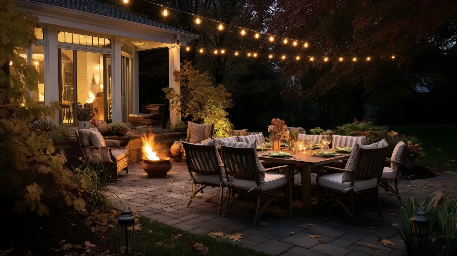 backyard at night with a fire and a dining set ready for a party