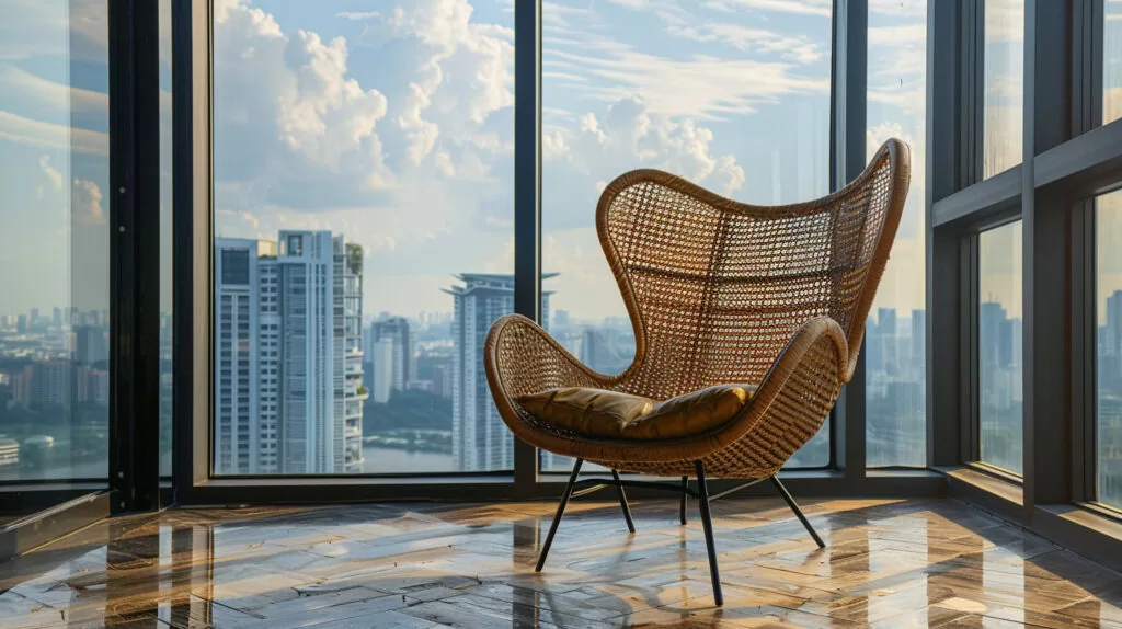 wicker rattan chair in a city apartment