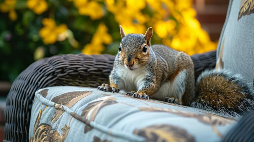 A photo of a squirrel gnawing on patio furniture