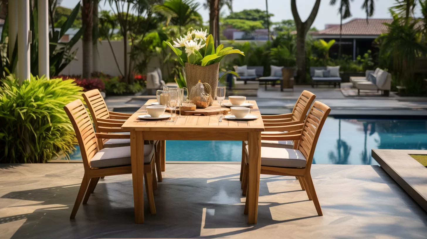 teak table with seat cushions next to a pool at a hotel
