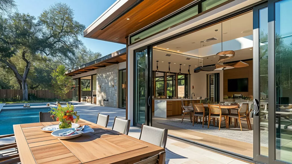 A photo of sliding glass doors opened to a patio dining