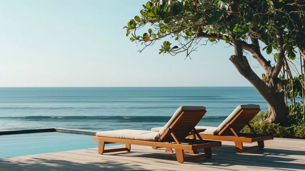 2 teak loungers with an ocean view