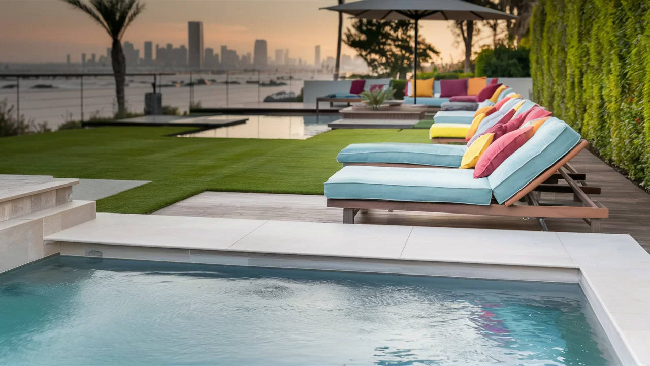 artificial turf next to a pool with patio loungers in light blue