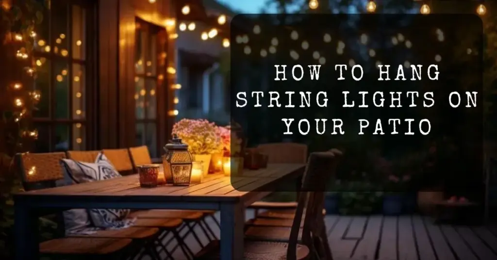 How to hang string lights on your patio - featured post image showing outdoor dining area with string lights