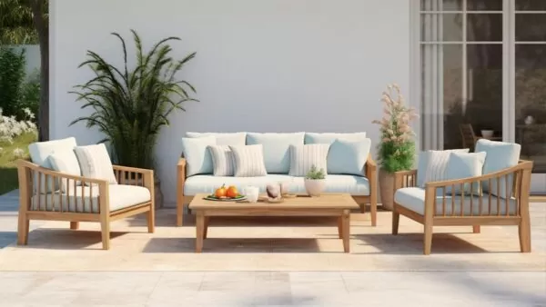 teak outdoor furniture set with light blue cushions