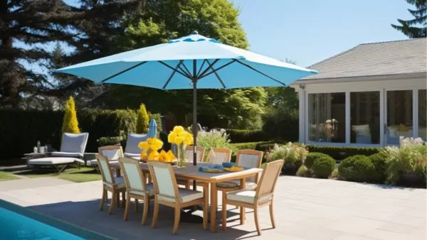teak dining set by a pool with an umbrella