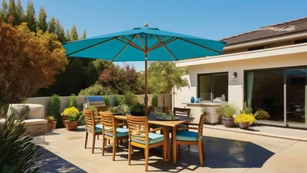 outdoor dining table with an umbrella