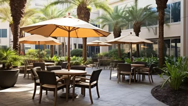 commercial outdoor dining sets at an office complex 