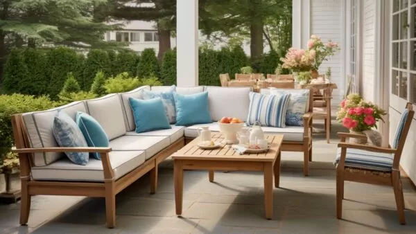 teak sectional sofa on a porch of a white house
