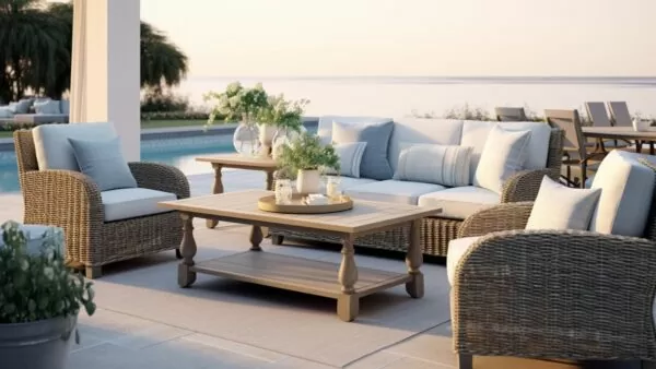 wicker sofa set by a pool with a lake in the background
