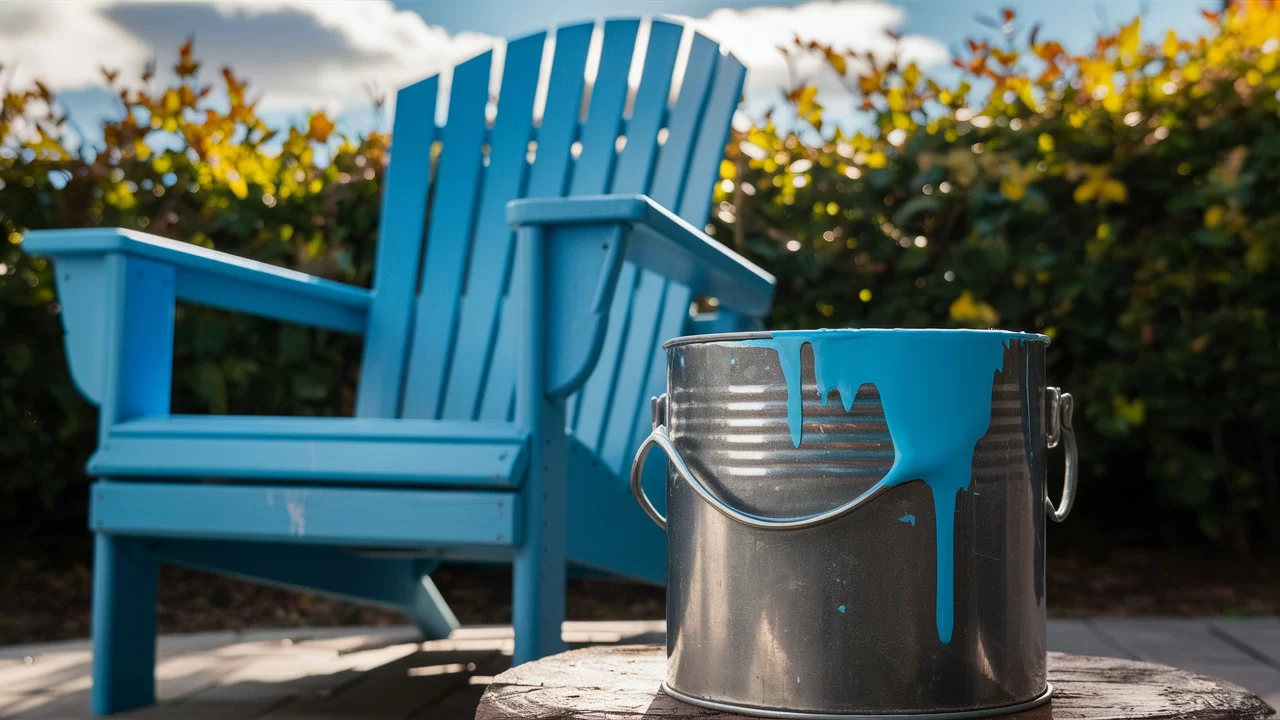 a closeup photo of a freshly-painted blue Adirondack chair next to an unpainted gray metal paint can with blue paint