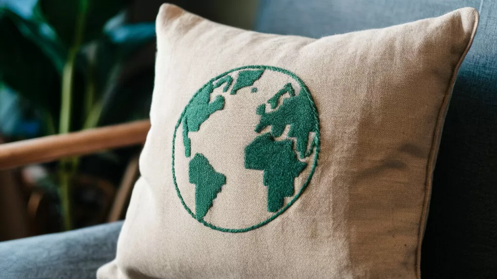 a closeup photo of a minimal icon of earth stitched onto the surface of an organic cloth pillow