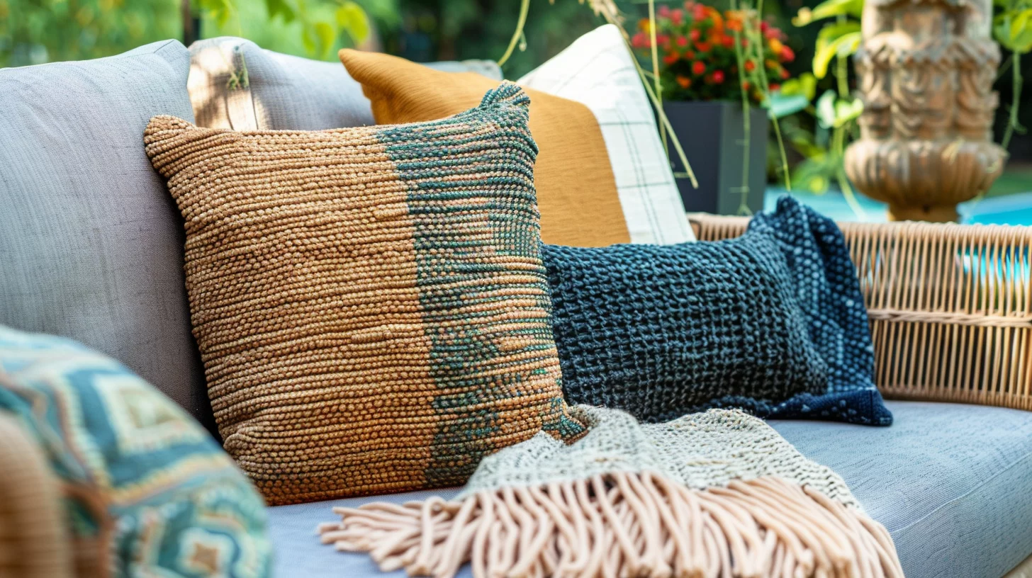 a closeup photo of an outdoor sofa with a variety of mixed pillows and a blanket